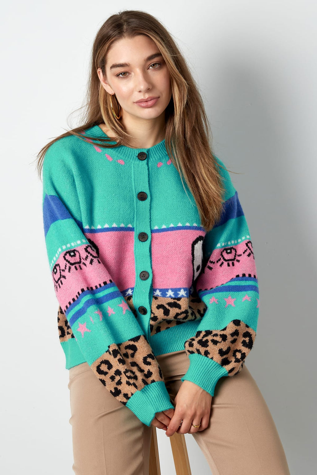 Eloise Closet Oversized Knit Patterned Cardigan Patterned Design