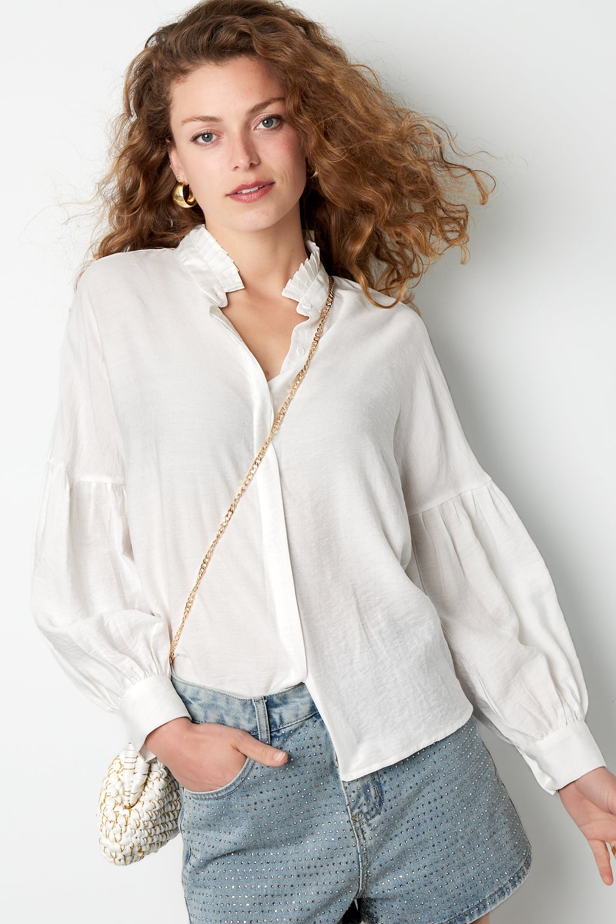 Viscose Women's Blouse Puff Sleeve High Neck