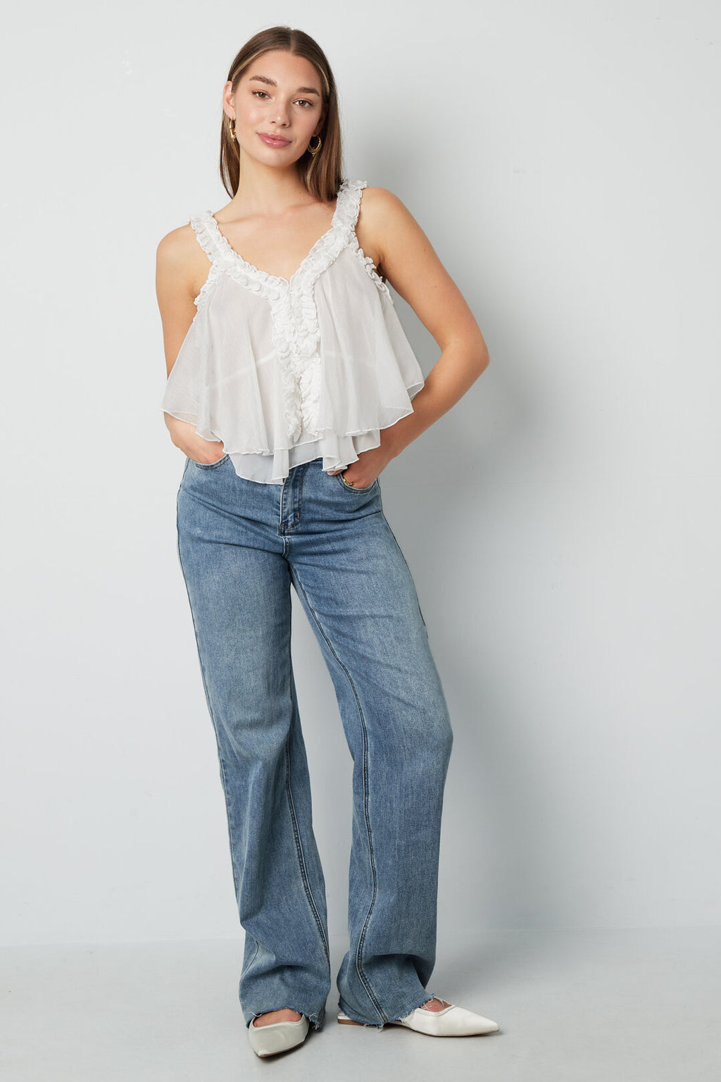 White Ruffle Sleeveless Top Eloise Closet