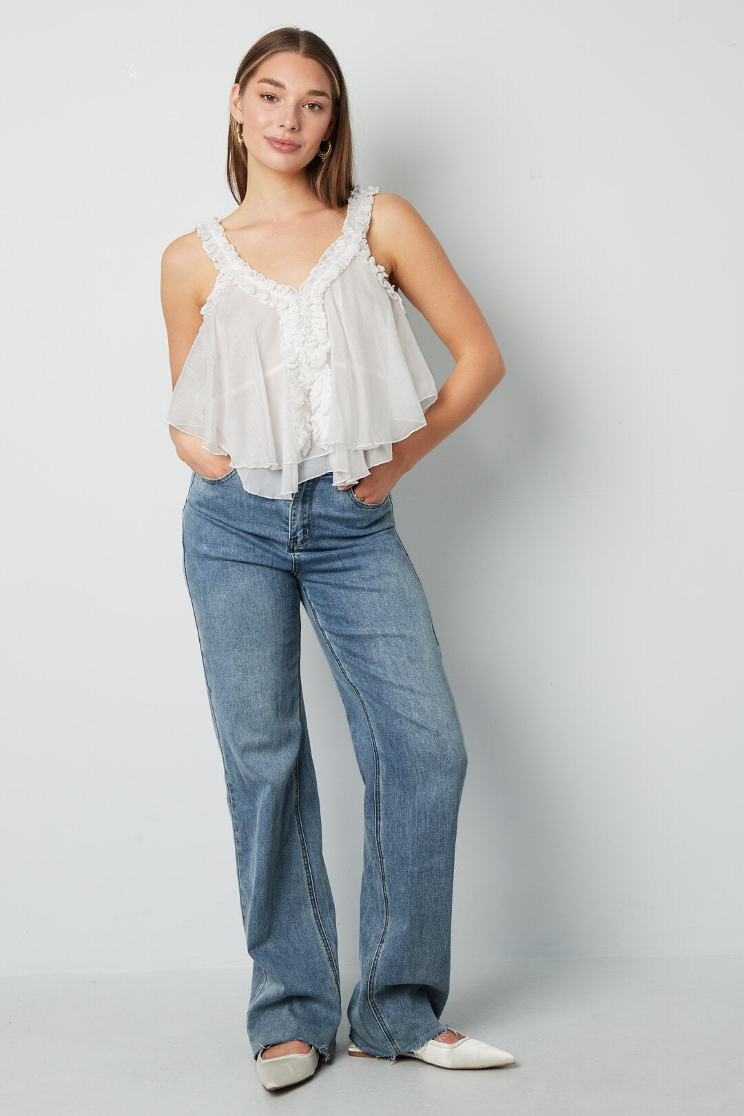 White Ruffle Sleeveless Top Eloise Closet