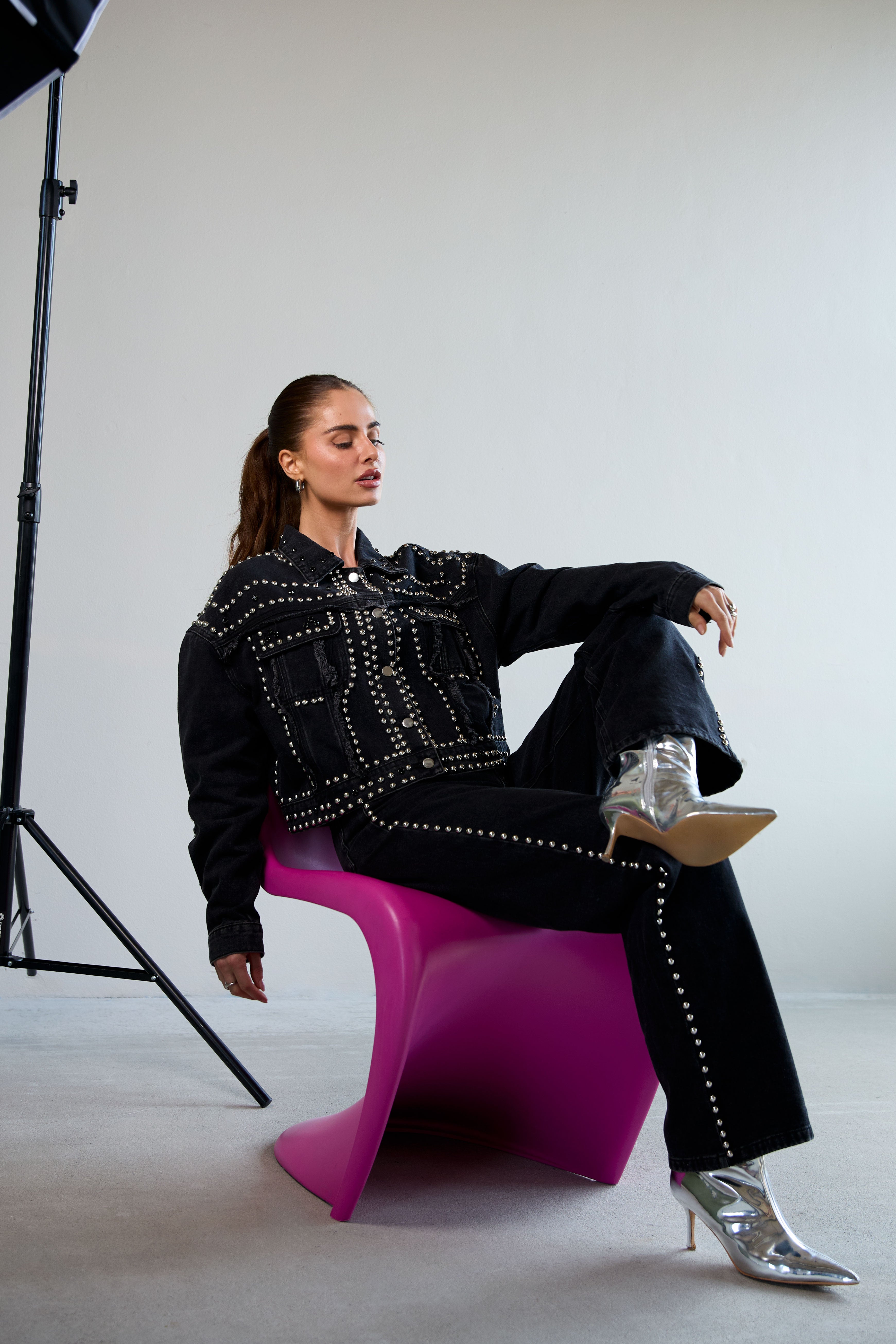 Eloise Closet  Studded Denim Street Jacket Woven Cotton