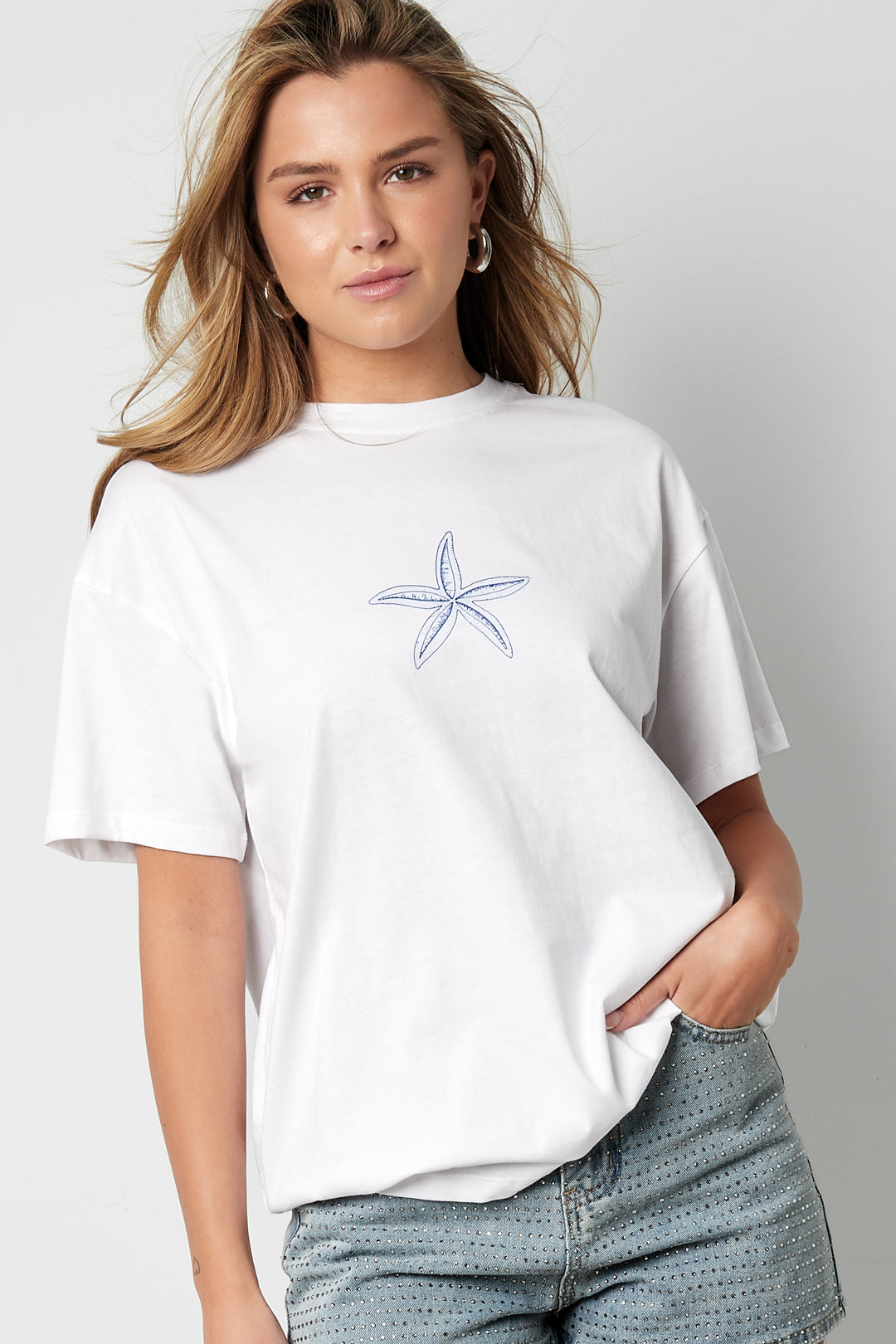 Starfish Embroidered  Cotton T-Shirt Eloise Closet