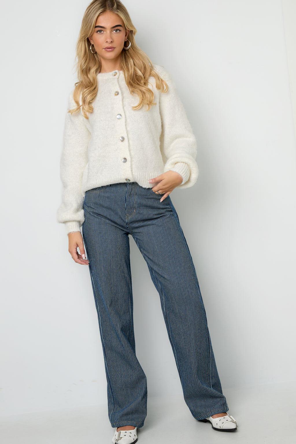 Woven Cotton Women's Straight Leg Pants Casual Stripes