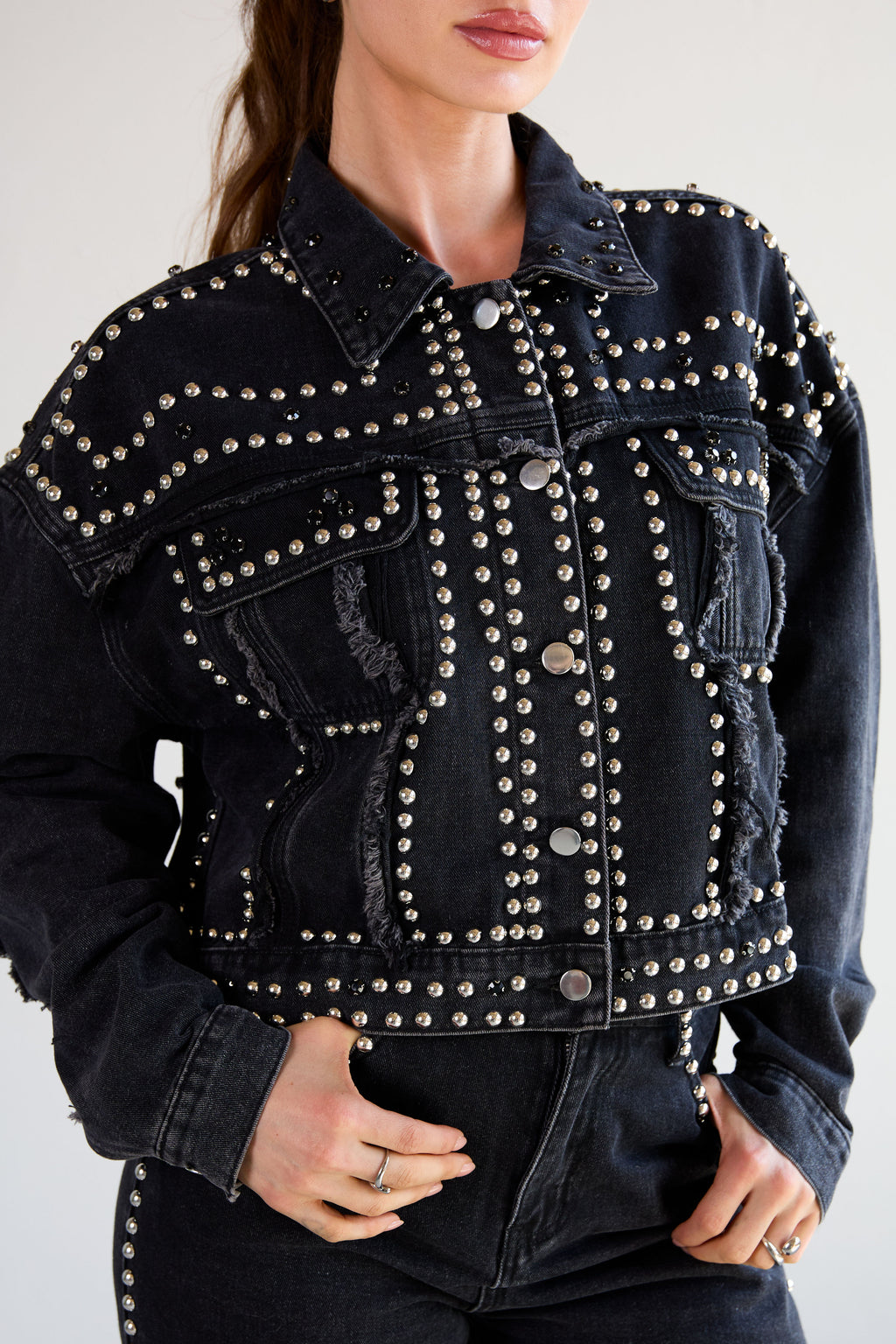 Eloise Closet  Studded Denim Street Jacket Woven Cotton