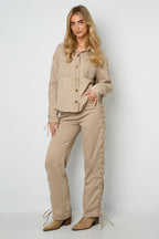 Woven Cotton Women's Straight Leg Pants Tie-up Casual