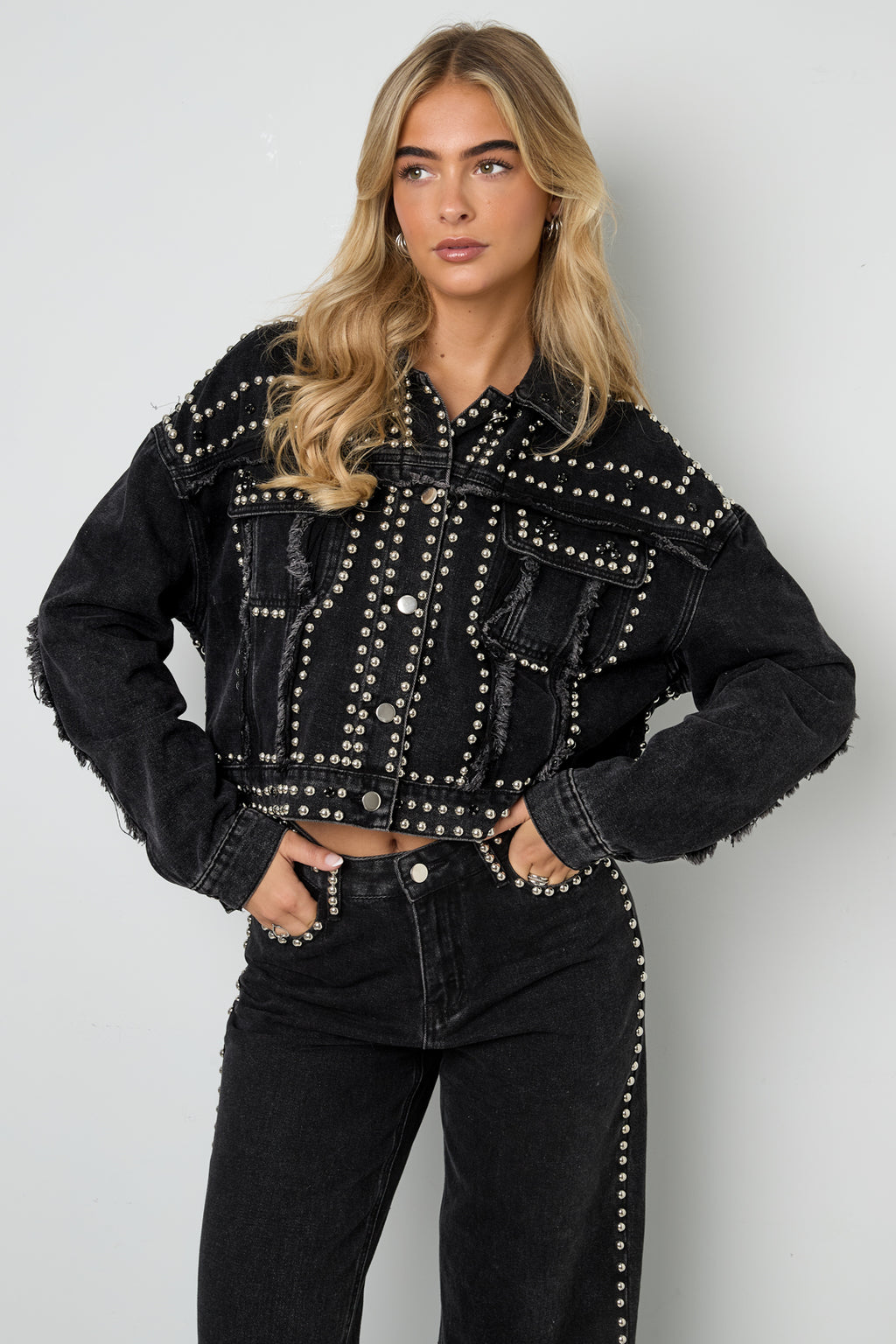 Eloise Closet  Studded Denim Street Jacket Woven Cotton