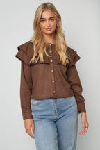 Woven Polyester Fiber Women's Blouse Elegant Ruffle Trim